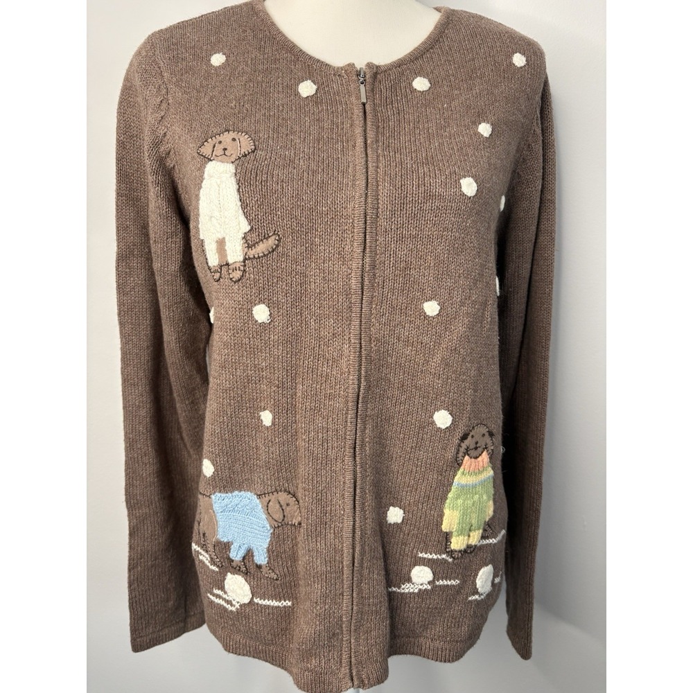 Crazy Horse Liz Claiborne Petite L Brown Full-Zip‎ Sweater Snow Embroidered Dogs